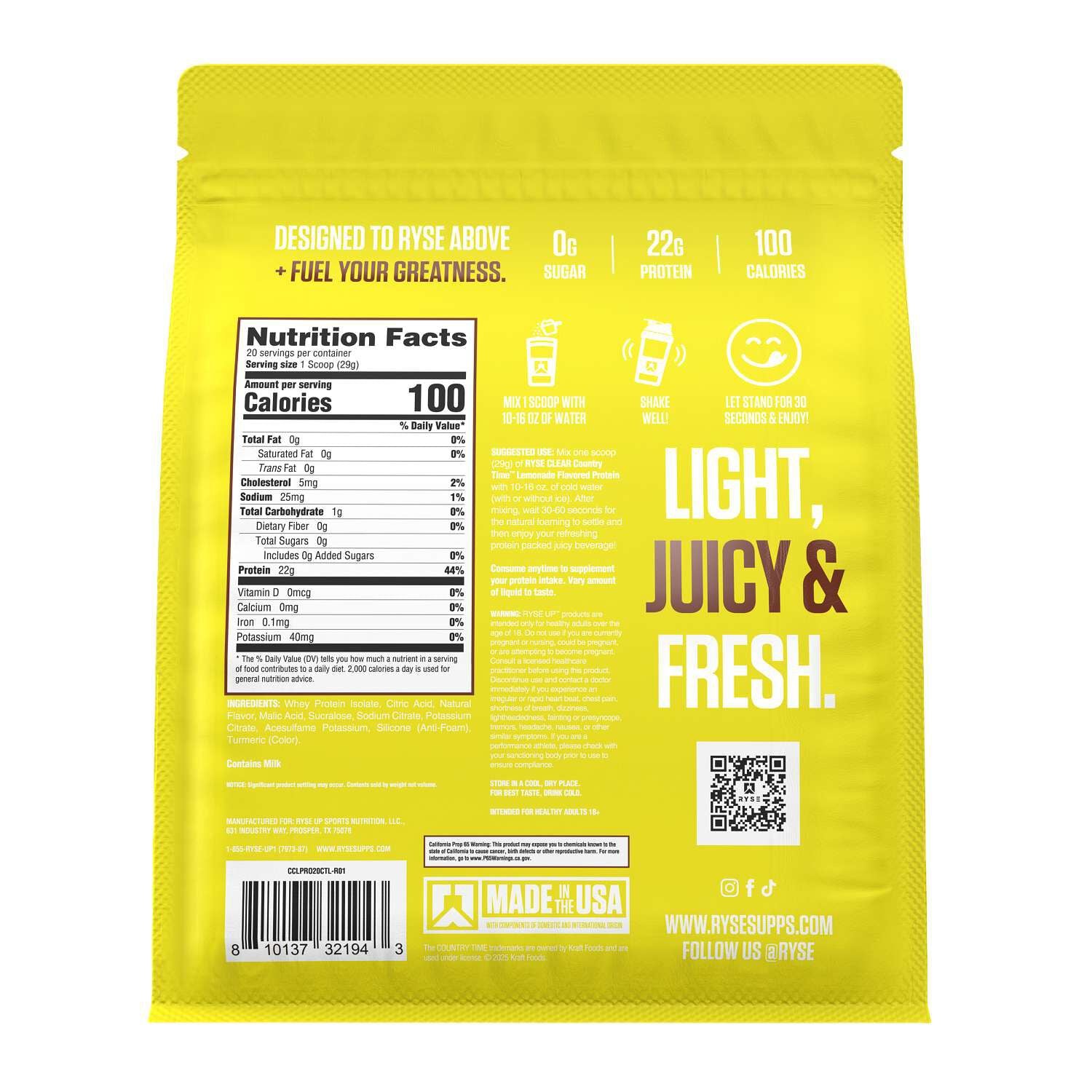 RYSE Clear Protein - Country Time™ Lemonade - 20.5 oz (20 Servings)